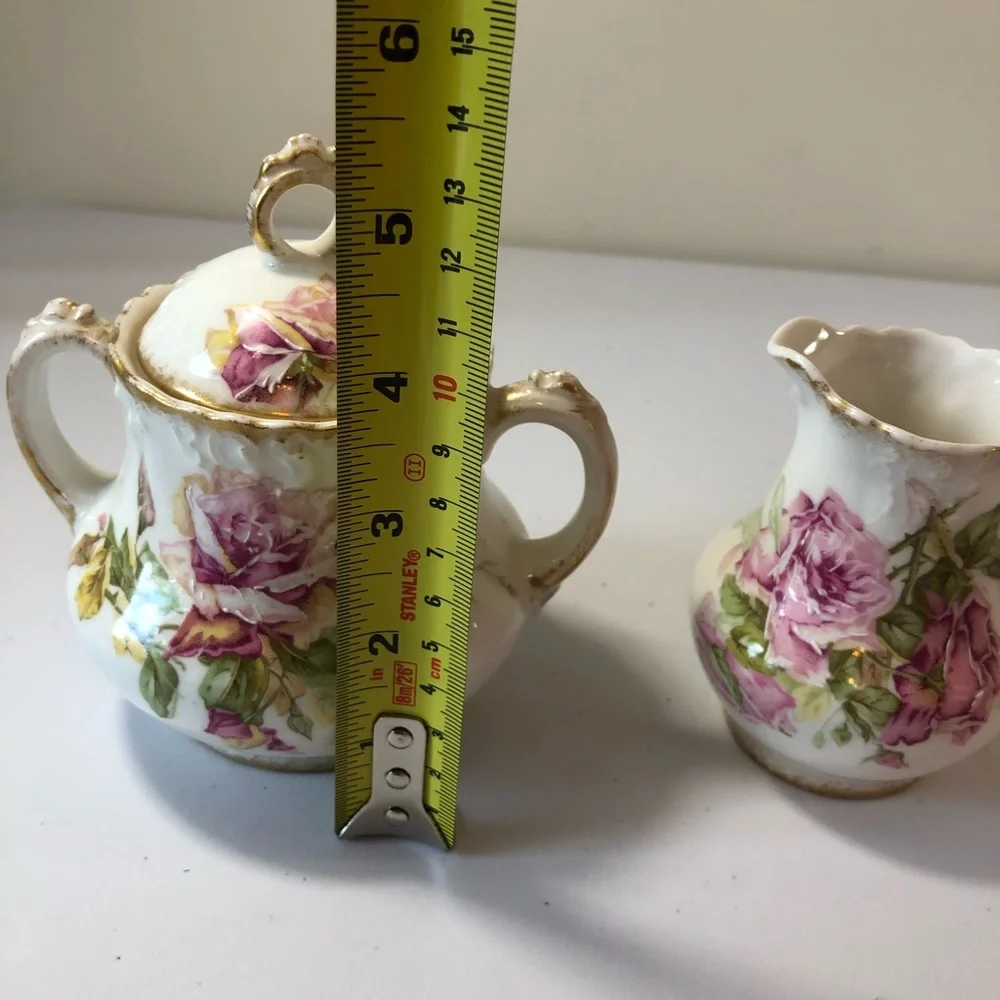 Limoges Vintage Antique Hand Painted Porcelain Sugar & Cream Bowl W/ Lid Roses